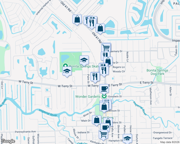 map of restaurants, bars, coffee shops, grocery stores, and more near 26860 North Riverside Drive in Bonita Springs