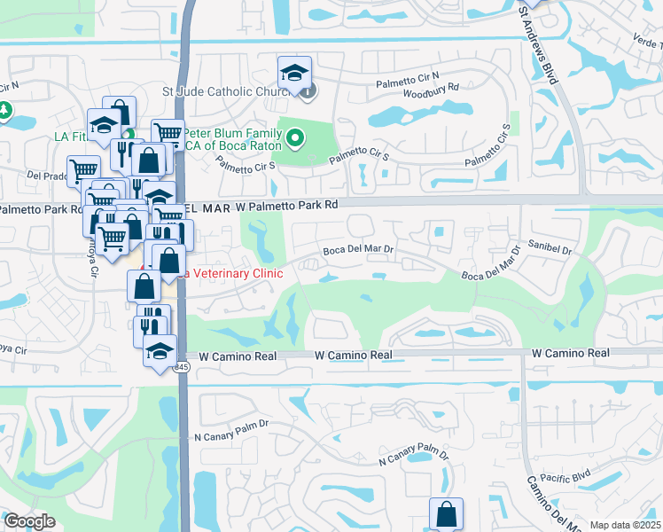 map of restaurants, bars, coffee shops, grocery stores, and more near Queens Gate in Boca Raton
