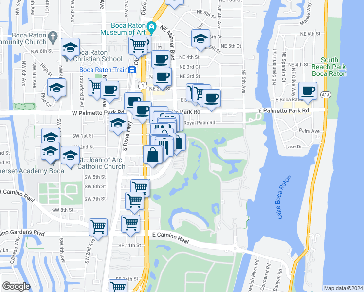 map of restaurants, bars, coffee shops, grocery stores, and more near 270 Southeast Mizner Boulevard in Boca Raton