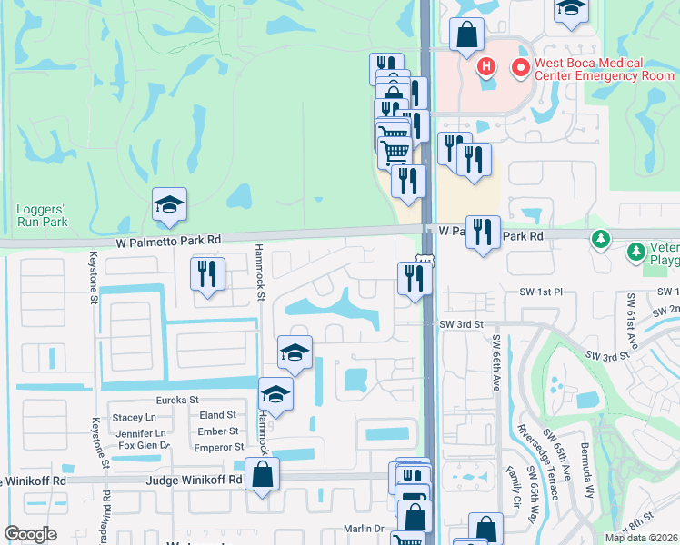 map of restaurants, bars, coffee shops, grocery stores, and more near 22122 Braddock Place in Boca Raton