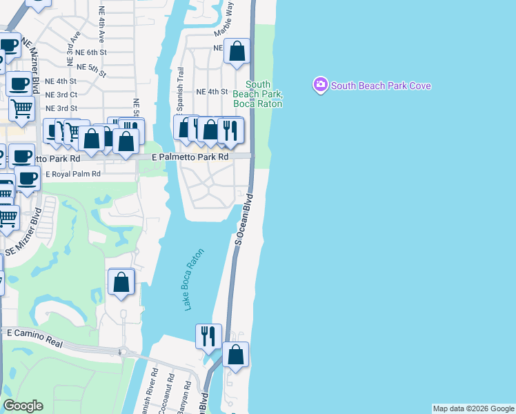 map of restaurants, bars, coffee shops, grocery stores, and more near 310 South Ocean Boulevard in Boca Raton
