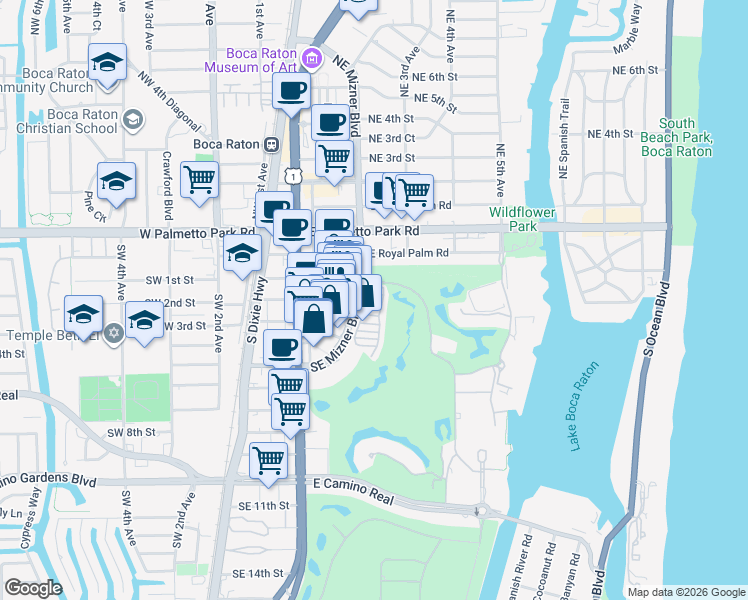 map of restaurants, bars, coffee shops, grocery stores, and more near 270 Southeast Mizner Boulevard in Boca Raton