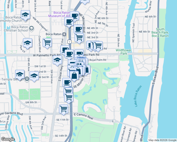 map of restaurants, bars, coffee shops, grocery stores, and more near 270 Southeast Mizner Boulevard in Boca Raton