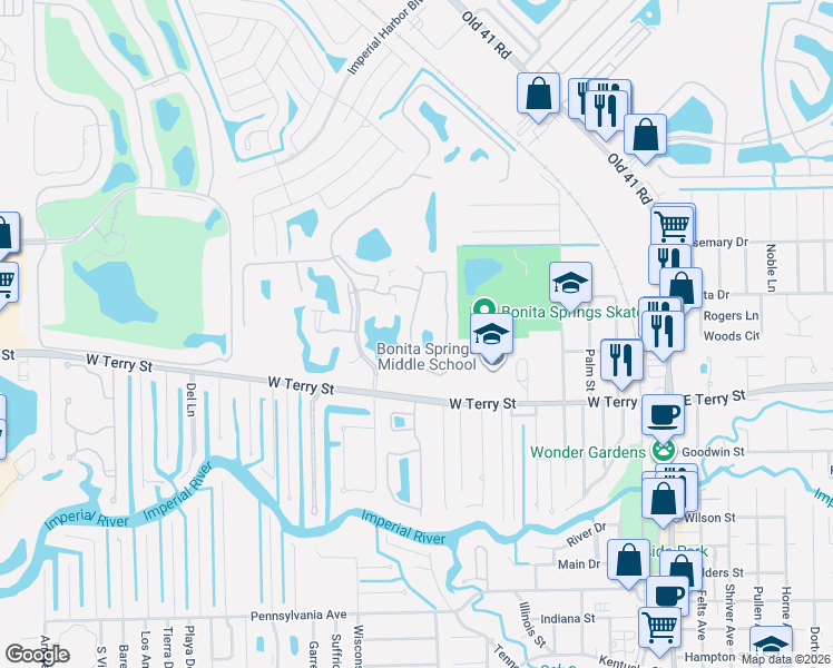 map of restaurants, bars, coffee shops, grocery stores, and more near 26911 Sammoset Way in Bonita Springs