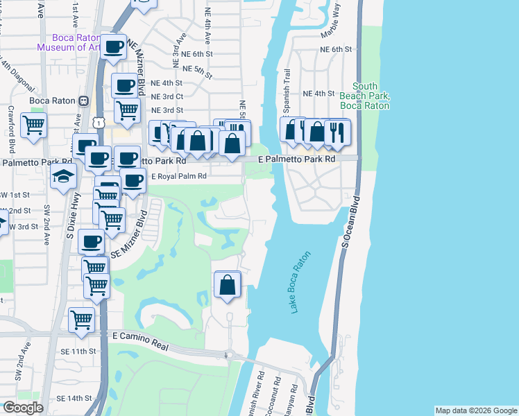 map of restaurants, bars, coffee shops, grocery stores, and more near 200 Northeast 5th Avenue in Boca Raton