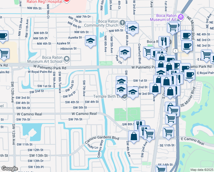map of restaurants, bars, coffee shops, grocery stores, and more near 201 Del Rio Boulevard in Boca Raton