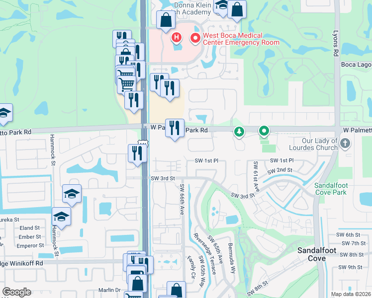 map of restaurants, bars, coffee shops, grocery stores, and more near 9720 Vineyard Court in Boca Raton