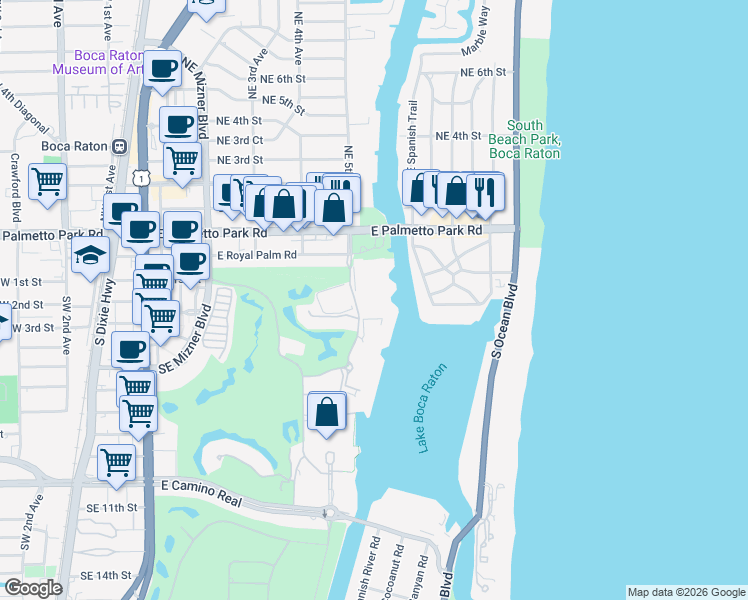 map of restaurants, bars, coffee shops, grocery stores, and more near 200 Northeast 5th Avenue in Boca Raton