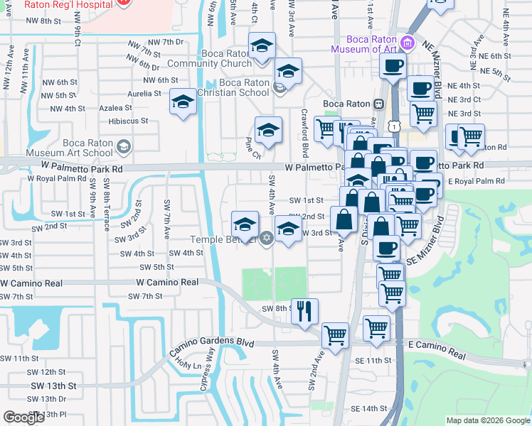 map of restaurants, bars, coffee shops, grocery stores, and more near 411 Southwest 2nd Street in Boca Raton