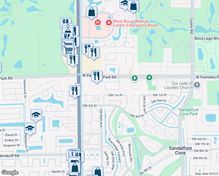map of restaurants, bars, coffee shops, grocery stores, and more near 9729 Vineyard Court in Boca Raton