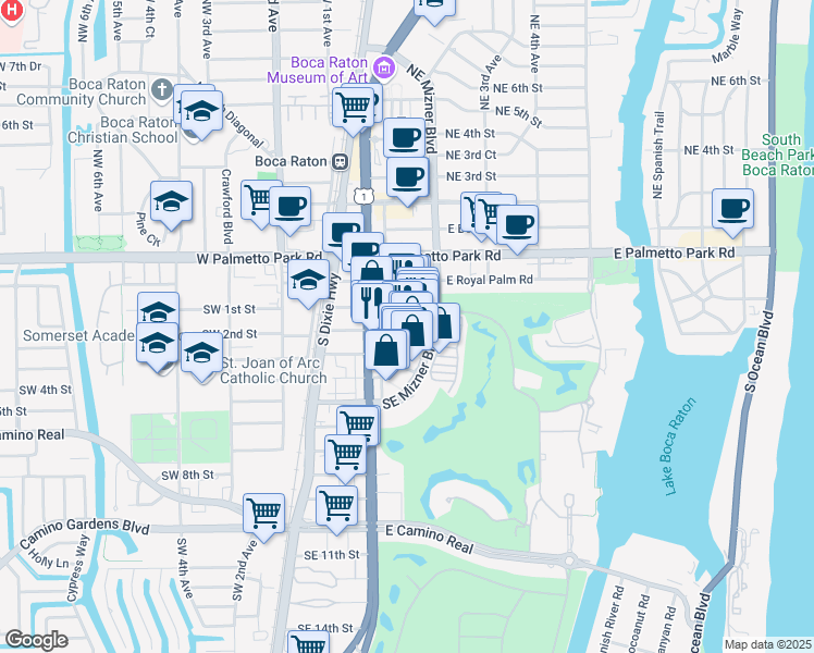 map of restaurants, bars, coffee shops, grocery stores, and more near 9 Plaza Real South in Boca Raton