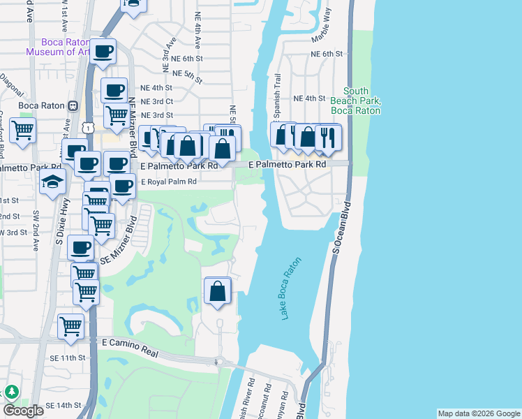 map of restaurants, bars, coffee shops, grocery stores, and more near 200 Northeast 5th Avenue in Boca Raton