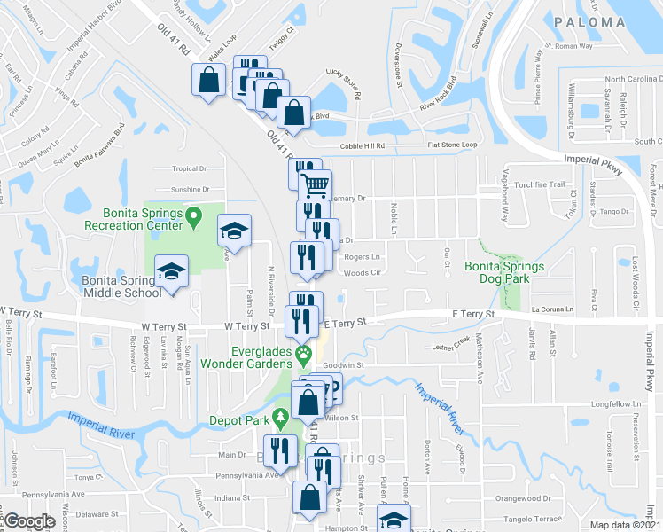 map of restaurants, bars, coffee shops, grocery stores, and more near 26891 Old 41 Road in Bonita Springs