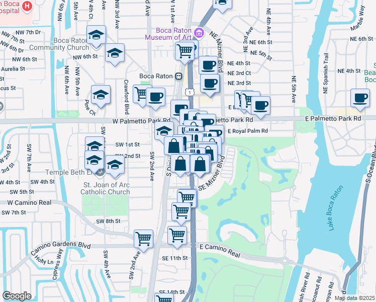 map of restaurants, bars, coffee shops, grocery stores, and more near 301 Via De Palmas in Boca Raton