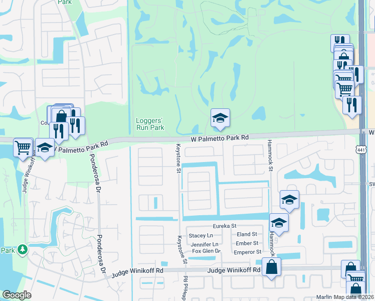 map of restaurants, bars, coffee shops, grocery stores, and more near 4970 Alfresco Street in Boca Raton
