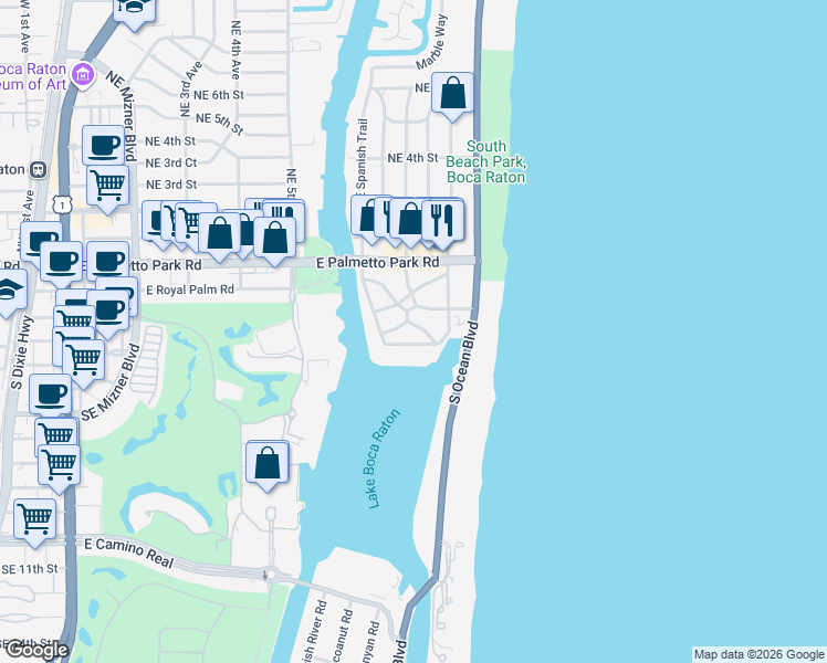 map of restaurants, bars, coffee shops, grocery stores, and more near 800 Lake Drive in Boca Raton