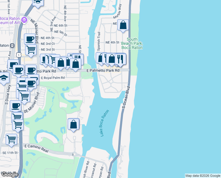 map of restaurants, bars, coffee shops, grocery stores, and more near 800 Lake Drive in Boca Raton