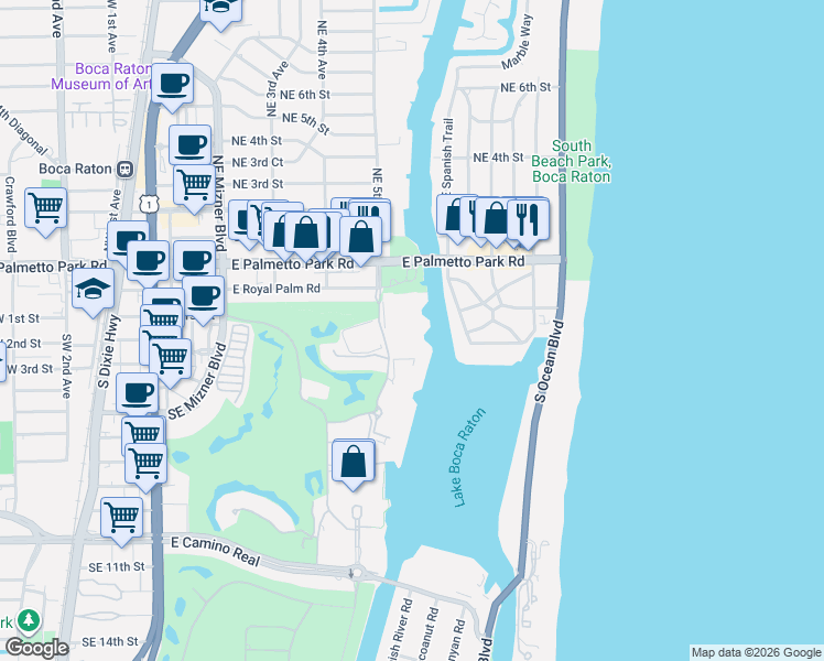 map of restaurants, bars, coffee shops, grocery stores, and more near 200 Northeast 5th Avenue in Boca Raton