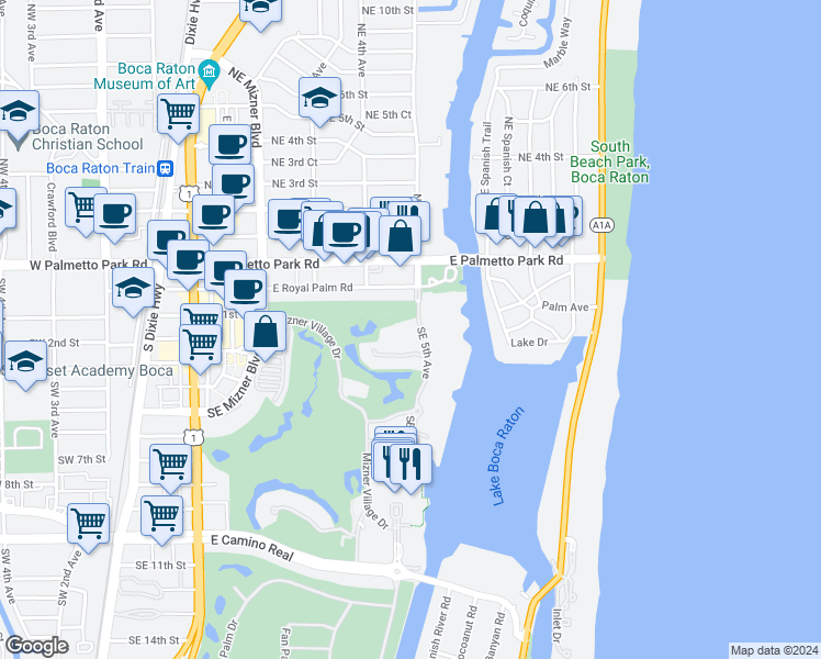 map of restaurants, bars, coffee shops, grocery stores, and more near 400-498 Addison Park Lane in Boca Raton