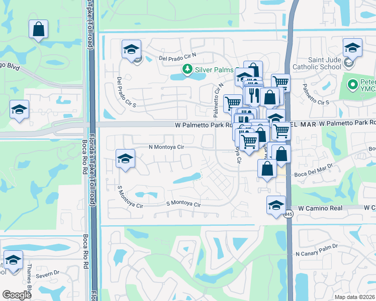 map of restaurants, bars, coffee shops, grocery stores, and more near 7485 Malibu Crescent in Boca Raton