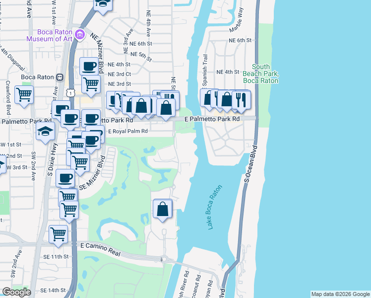 map of restaurants, bars, coffee shops, grocery stores, and more near 100 Southeast 5th Avenue in Boca Raton