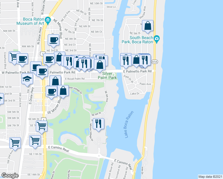map of restaurants, bars, coffee shops, grocery stores, and more near 100 Southeast 5th Avenue in Boca Raton
