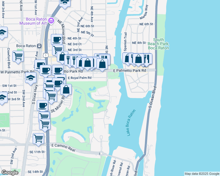 map of restaurants, bars, coffee shops, grocery stores, and more near 300 Southeast 5th Avenue in Boca Raton