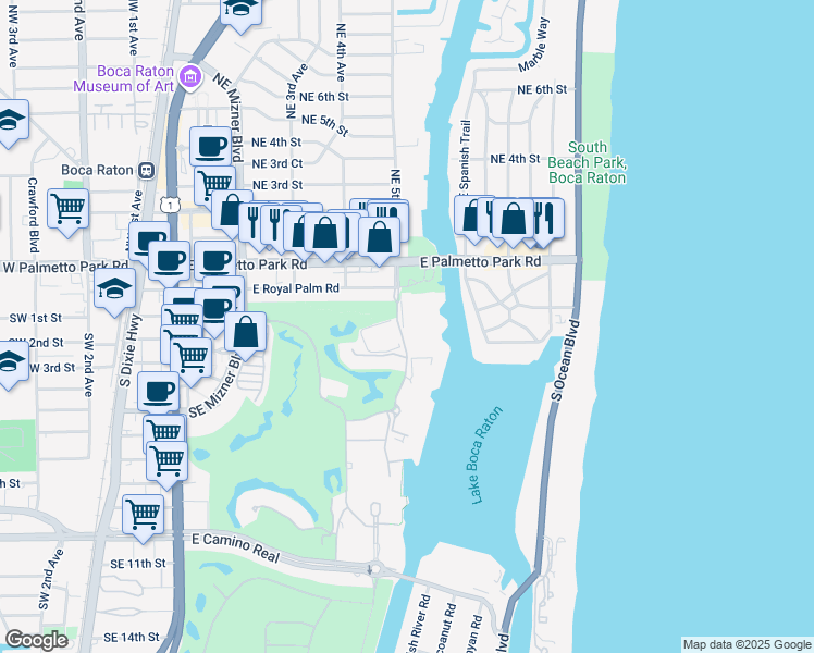 map of restaurants, bars, coffee shops, grocery stores, and more near 300 Southeast 5th Avenue in Boca Raton