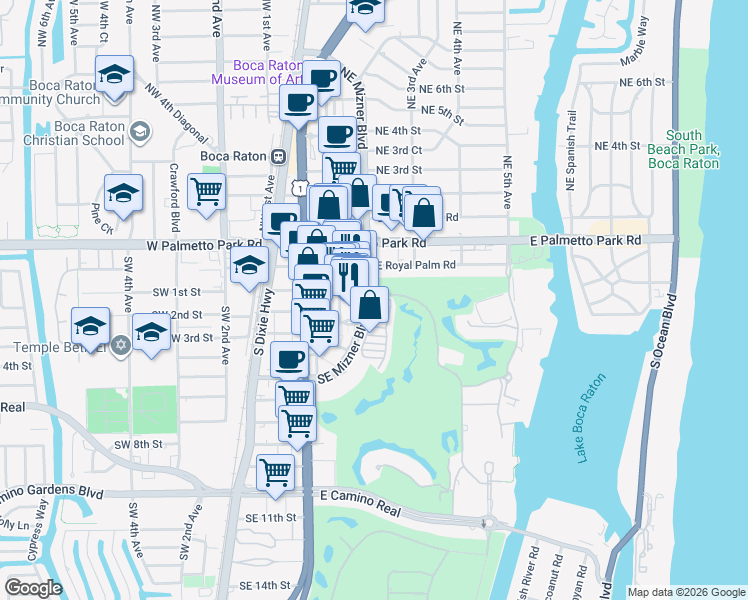 map of restaurants, bars, coffee shops, grocery stores, and more near 99 Southeast Mizner Boulevard in Boca Raton
