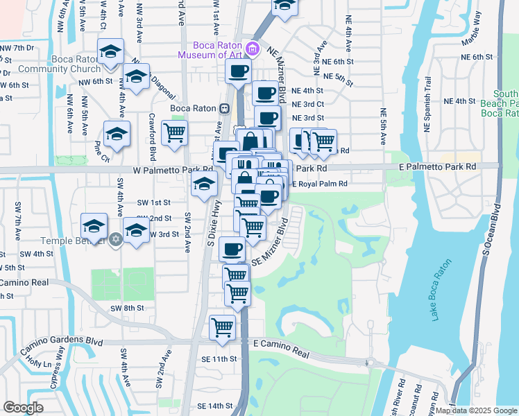 map of restaurants, bars, coffee shops, grocery stores, and more near 101 Plaza Real South in Boca Raton