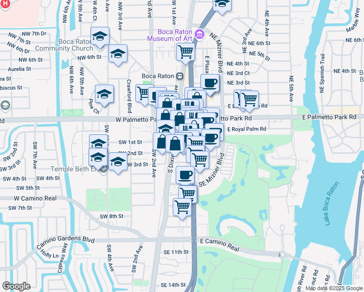 map of restaurants, bars, coffee shops, grocery stores, and more near 70 South Dixie Highway in Boca Raton