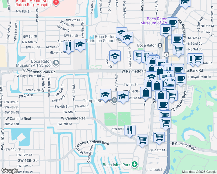 map of restaurants, bars, coffee shops, grocery stores, and more near 477 Southwest 1st Street in Boca Raton