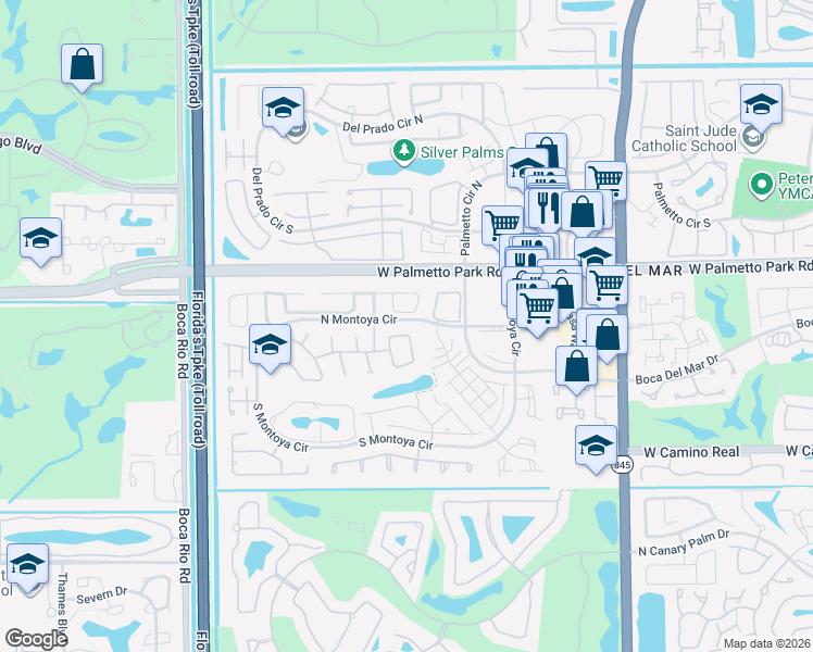 map of restaurants, bars, coffee shops, grocery stores, and more near 7485 Malibu Crescent in Boca Raton
