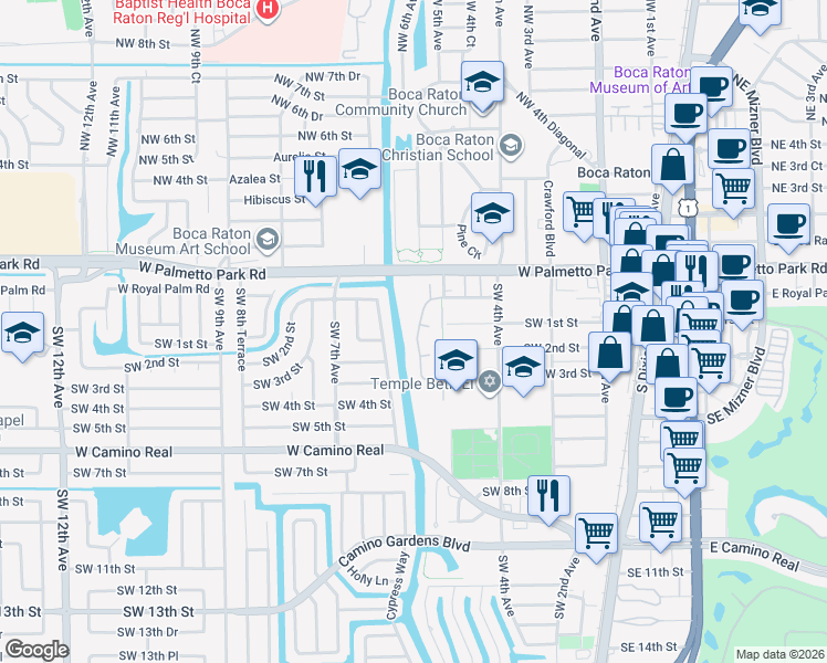 map of restaurants, bars, coffee shops, grocery stores, and more near 96 Del Rio Boulevard in Boca Raton