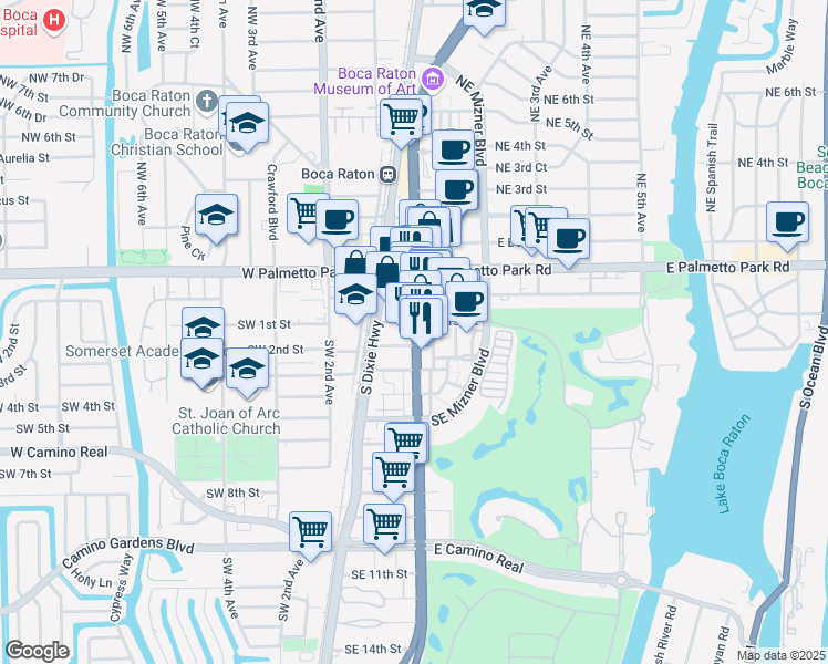 map of restaurants, bars, coffee shops, grocery stores, and more near 131 South Federal Highway in Boca Raton
