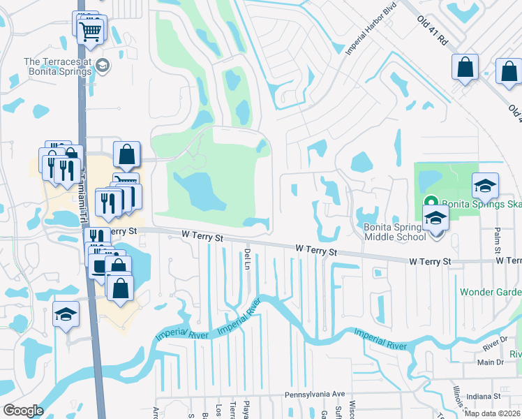 map of restaurants, bars, coffee shops, grocery stores, and more near 9500 Highland Woods Boulevard in Bonita Springs