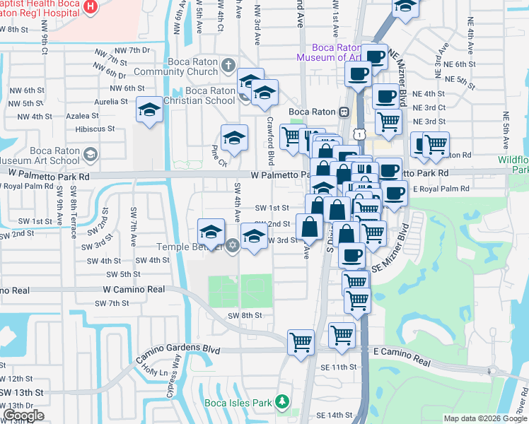 map of restaurants, bars, coffee shops, grocery stores, and more near 300 West Palmetto Park Road in Boca Raton