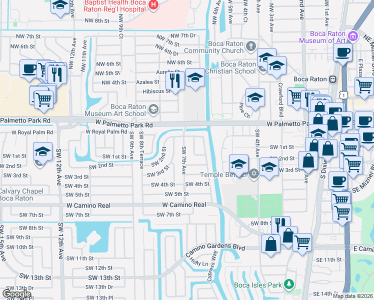 map of restaurants, bars, coffee shops, grocery stores, and more near 122 Southwest 7th Avenue in Boca Raton