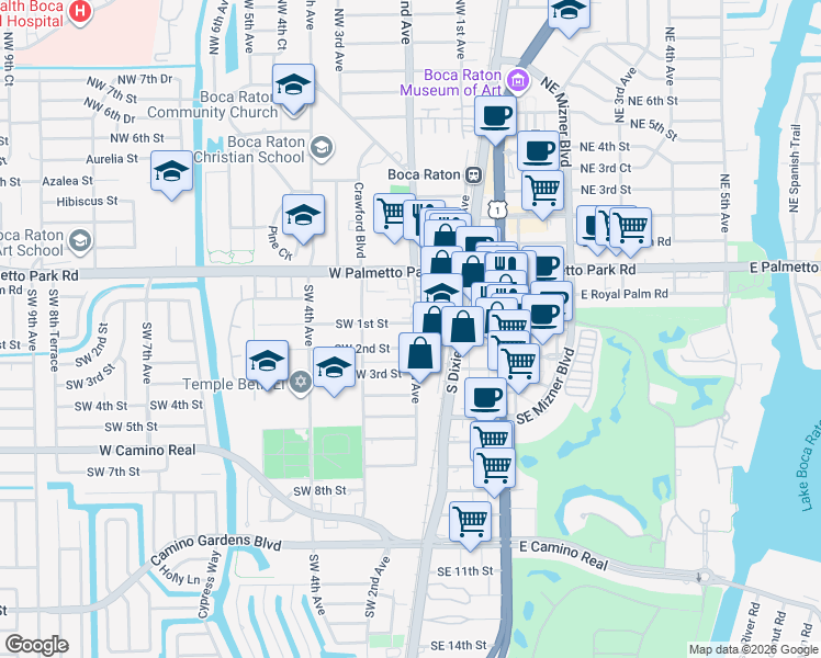 map of restaurants, bars, coffee shops, grocery stores, and more near 121 Southwest 2nd Avenue in Boca Raton