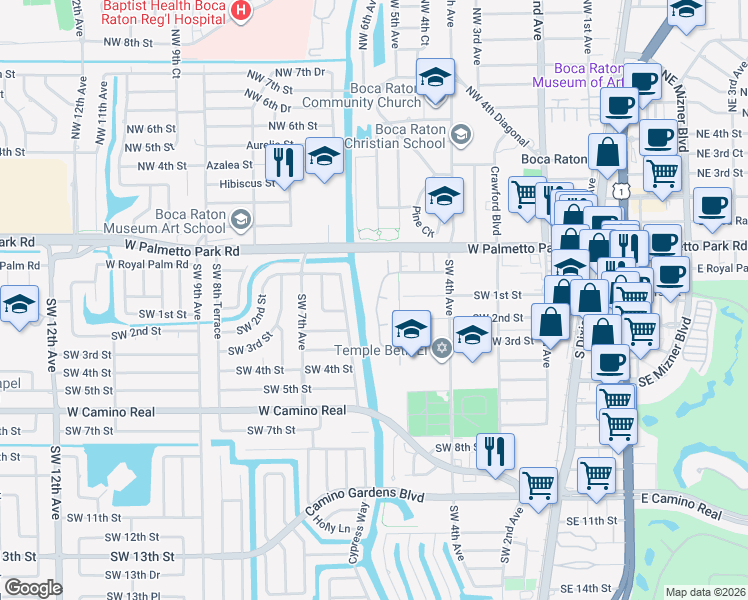 map of restaurants, bars, coffee shops, grocery stores, and more near 101 Del Rio Boulevard in Boca Raton