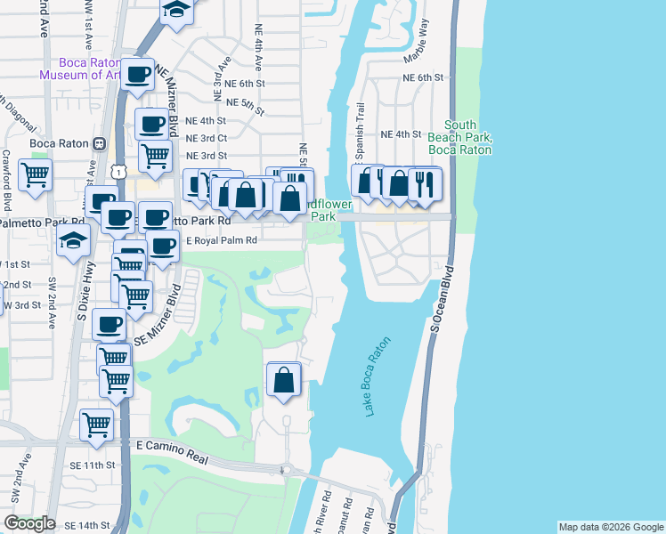 map of restaurants, bars, coffee shops, grocery stores, and more near 100 Southeast 5th Avenue in Boca Raton