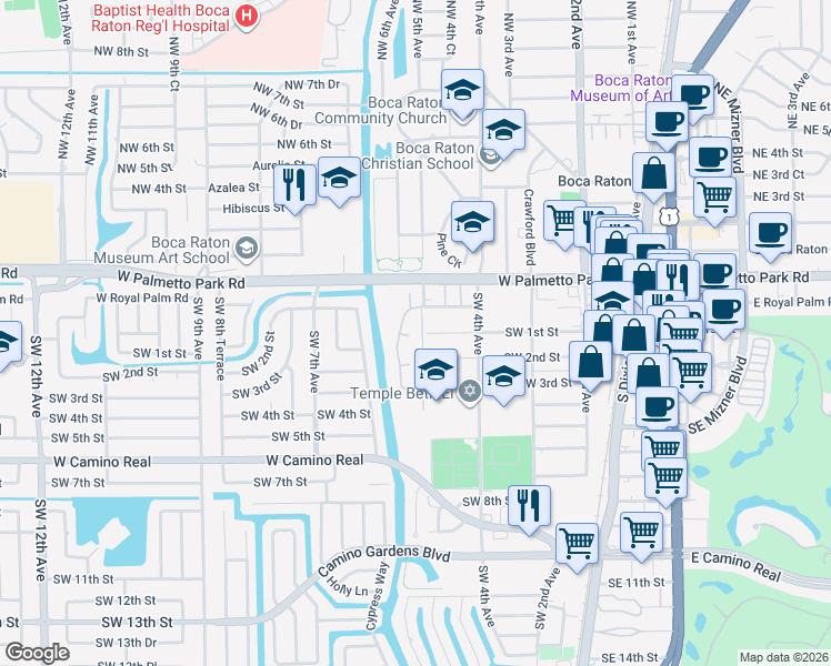 map of restaurants, bars, coffee shops, grocery stores, and more near 96 Del Rio Boulevard in Boca Raton