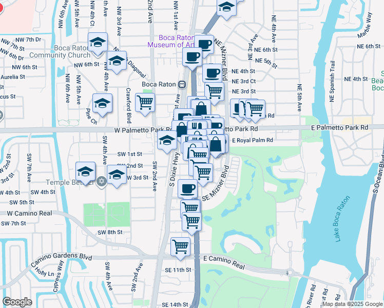 map of restaurants, bars, coffee shops, grocery stores, and more near 131 South Federal Highway in Boca Raton