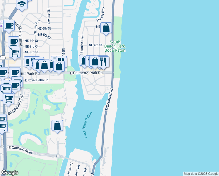 map of restaurants, bars, coffee shops, grocery stores, and more near 195 Southeast Wavecrest Way in Boca Raton