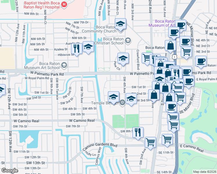 map of restaurants, bars, coffee shops, grocery stores, and more near 96 Del Rio Boulevard in Boca Raton