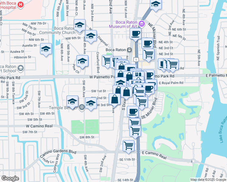 map of restaurants, bars, coffee shops, grocery stores, and more near 102 Southwest 2nd Avenue in Boca Raton