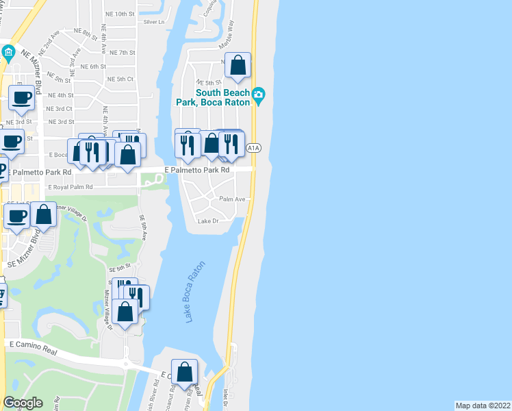 map of restaurants, bars, coffee shops, grocery stores, and more near 250 South Ocean Boulevard in Boca Raton