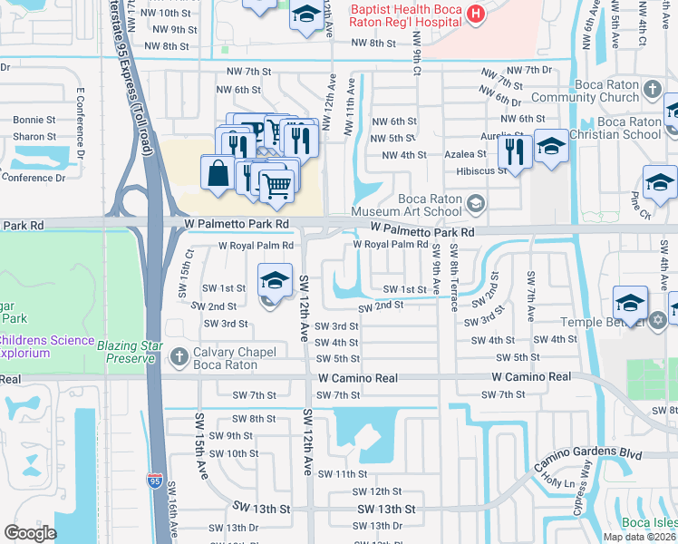 map of restaurants, bars, coffee shops, grocery stores, and more near 80 Southwest 11th Avenue in Boca Raton