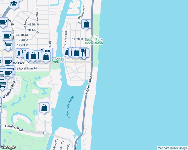 map of restaurants, bars, coffee shops, grocery stores, and more near 250 South Ocean Boulevard in Boca Raton