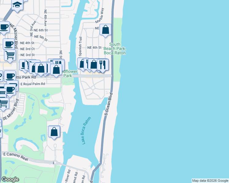 map of restaurants, bars, coffee shops, grocery stores, and more near 250 South Ocean Boulevard in Boca Raton